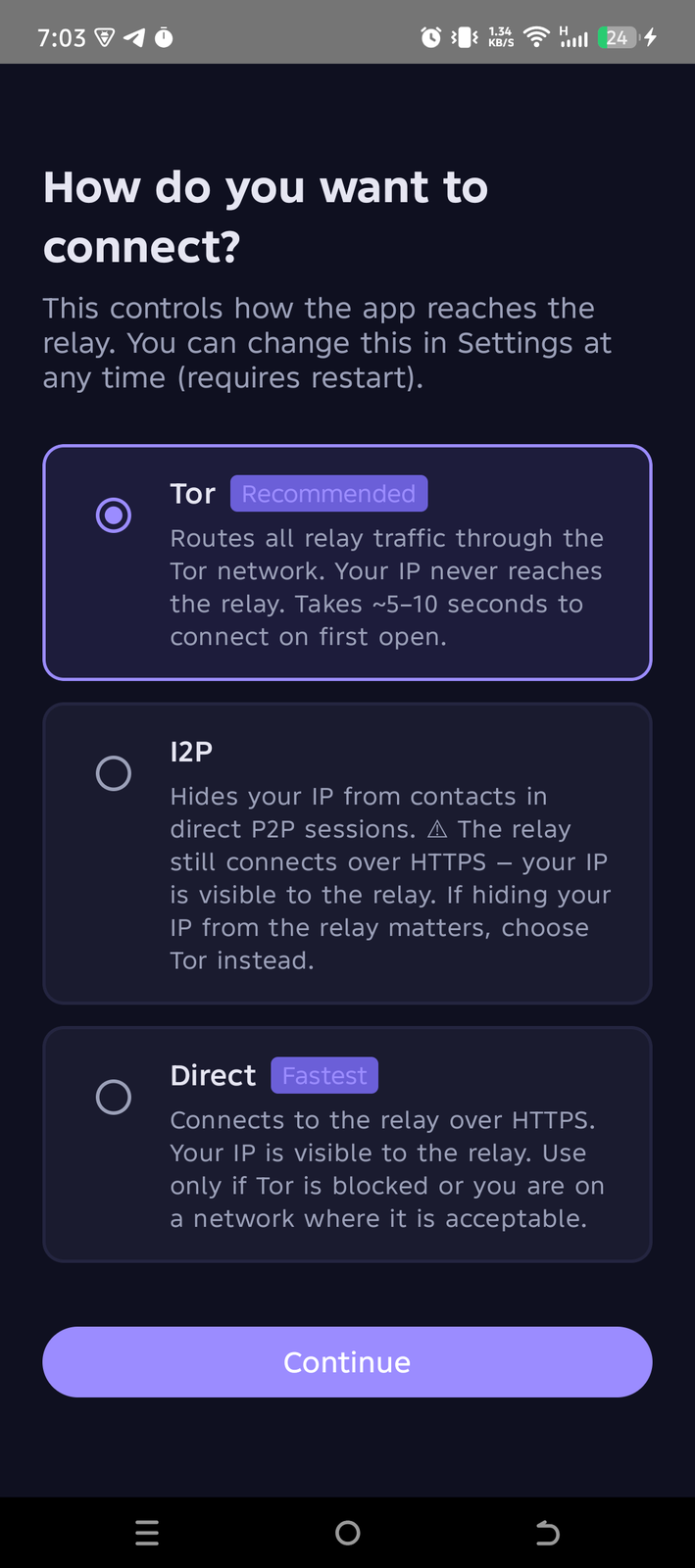 Ghost Protocol connection choice screen showing Tor, I2P, and Direct options