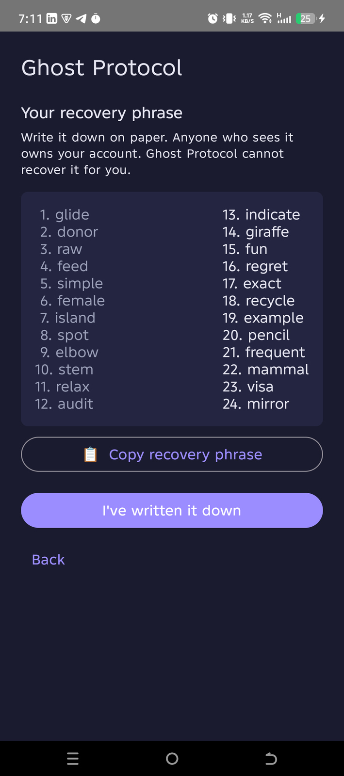 24-word recovery phrase screen