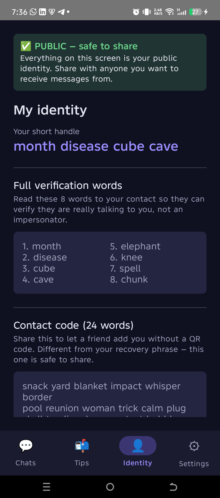 My Identity screen showing contact code and verification words
