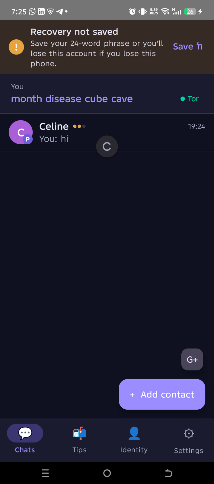 Chat list showing Celine contact with Tor indicator